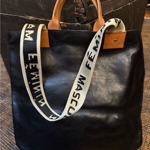 Clare V. Leather Tote Bag with Contrast Strap - Black